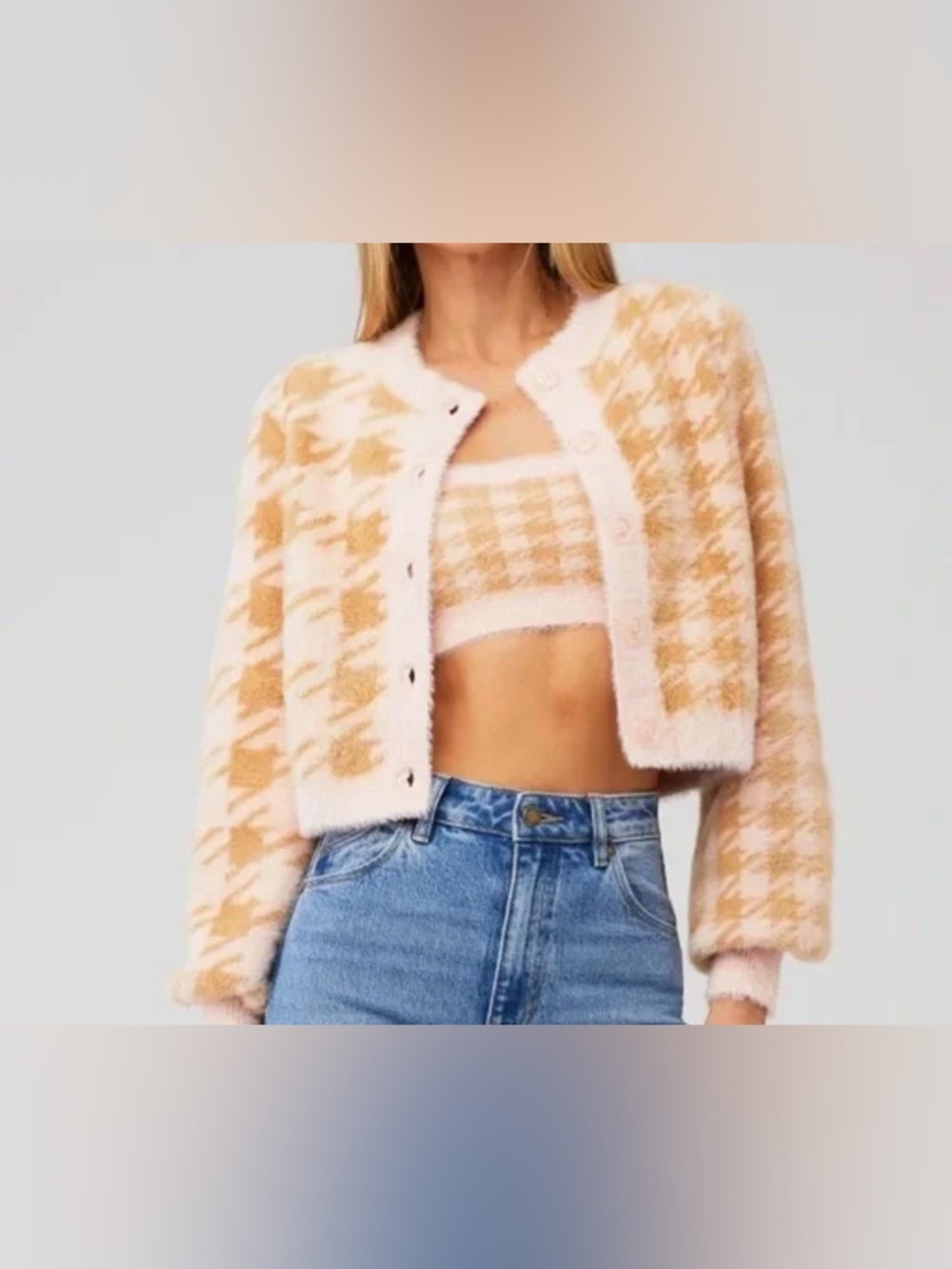 Cropped Houndstooth Knit Cardigan